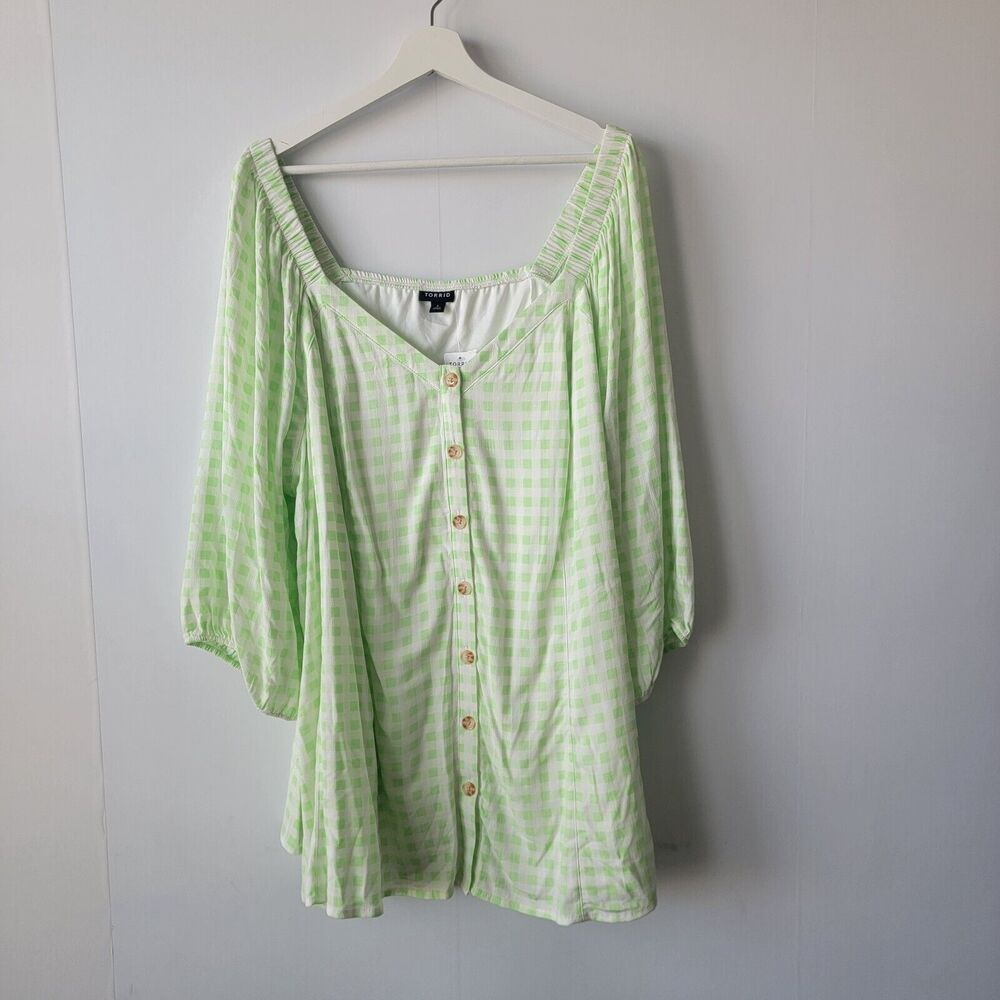 torrid top women sz 4x Fit & Flare Rayon Slub Button Up 3/4 Sleeve Green Gingham